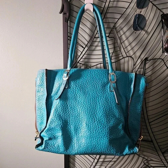 Gorgeous Turquoise Moto Genuine Leather Made in Italy Tote Bag - Picture 2 of 16
